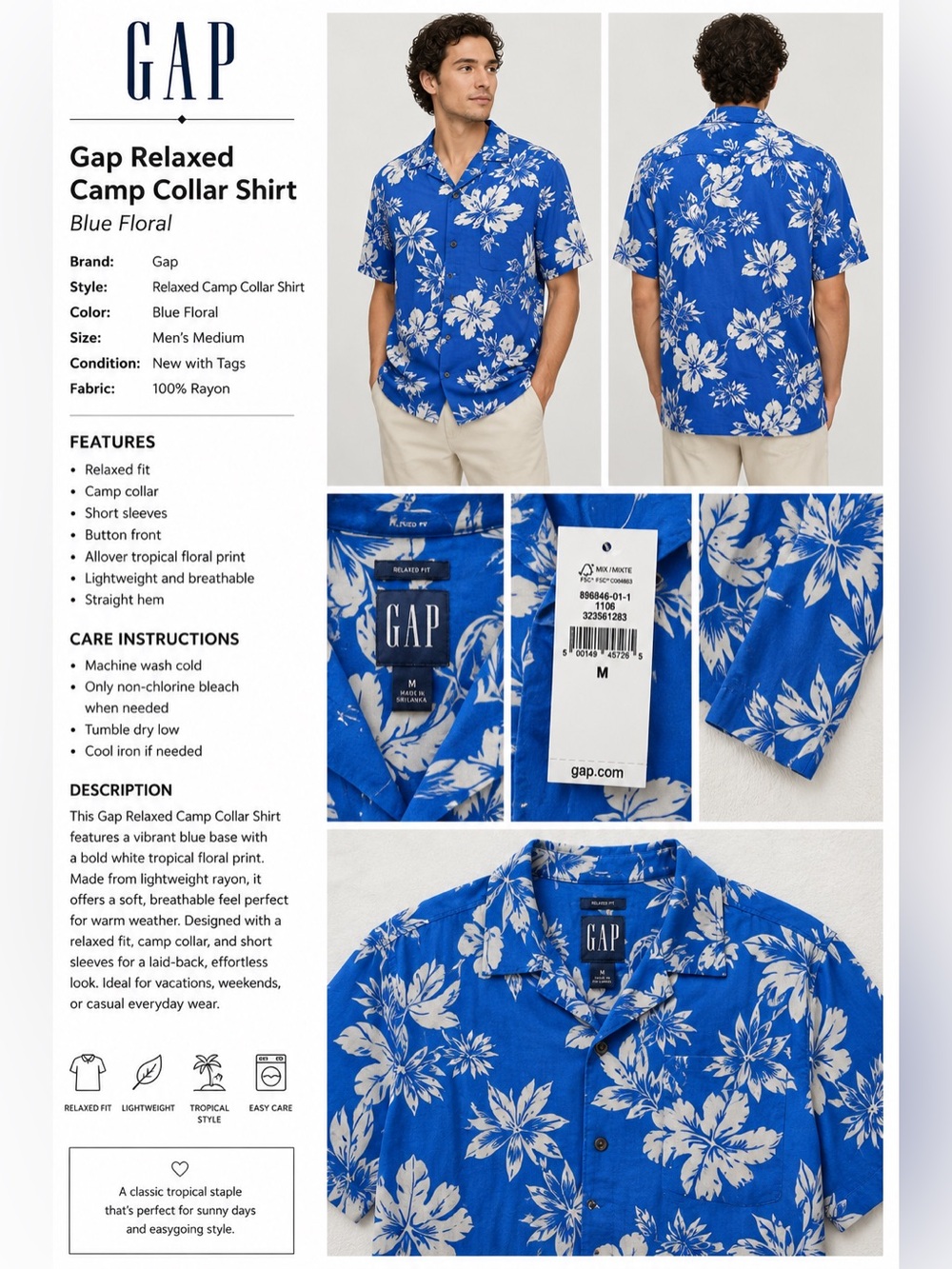 NWT Gap Men’s Blue Tropical Floral Camp Collar Resort Shirt Relaxed Fit Medium